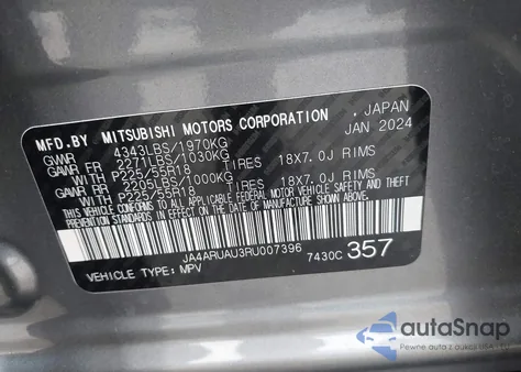 2024 Mitsubishi Outlander Sport 2.0 Es Awc/2.0 Le Awc/2.0 Ralliart Awc/2.0 S Awc/2.0 Se Awc/2.0 Trail Edition Awc from USA, damaged, VIN JA4ARUAU3RU007396